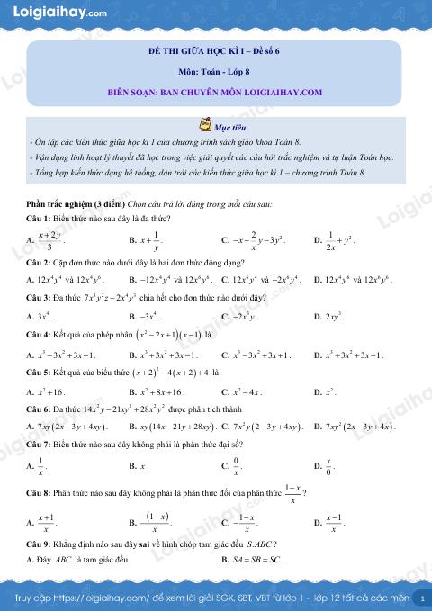 Đề thi giữa kì 1 Toán 8 - Đề số 6